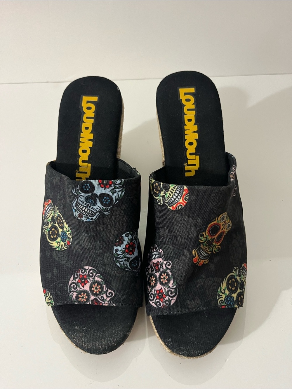 Loudmouth Sugar Skull Jute Wedge Mules Sandals 6.5 Edgy Rockabilly Goth